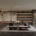 Traditional Teahouse Interior Design With Wooden Shelves Tea Sets And Murals