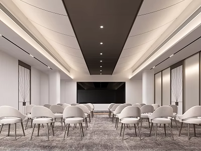 Stylish Modern Spacious Conference Room With Comfortable Chairs Elegant Ceiling Lights And Large Display Screen 3d model