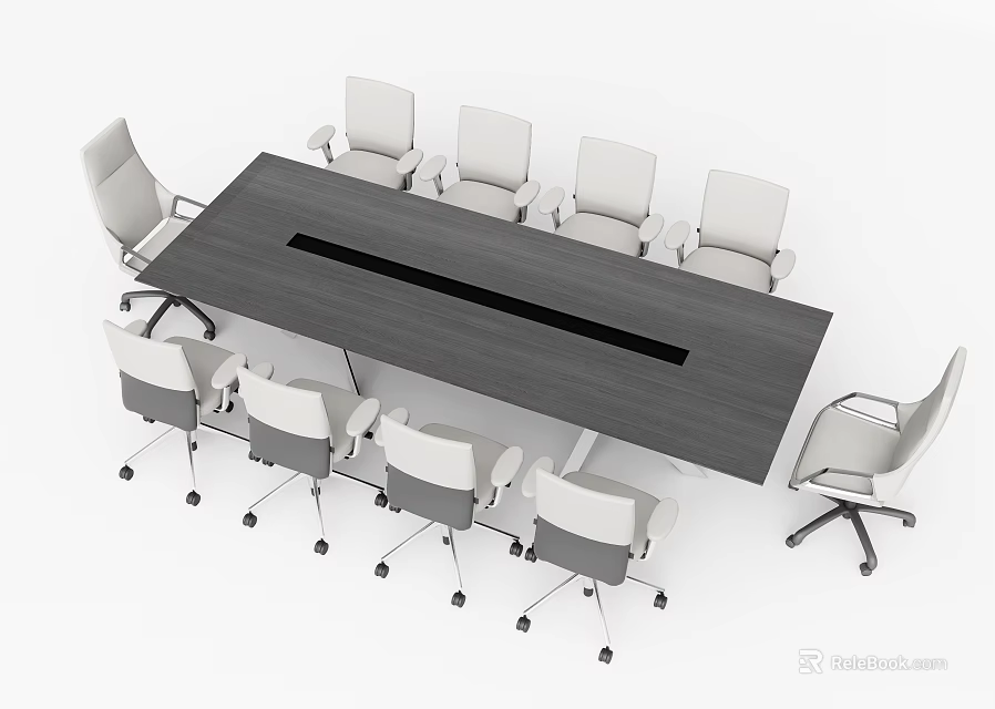 Modern Conference Table With Dark Surface And Central Strip Surrounded By White Rolling Chairs 3d model