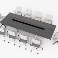 Modern Conference Table With Dark Surface And Central Strip Surrounded By White Rolling Chairs 3d model