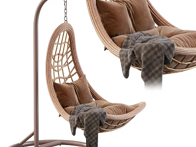 Cozy Rattan Hanging Chair With Soft Cushions Warm Blanket And Stand 3d model