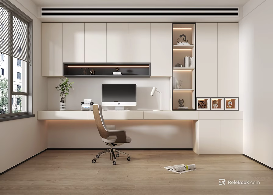 Modern Home Office Interior With White Cabinets Computer Desk Wooden Floor Window And Decorative Paintings 3d model 