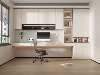 Modern Home Office Interior With White Cabinets Computer Desk Wooden Floor Window And Decorative Paintings 3d model