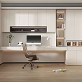Modern Home Office Interior With White Cabinets Computer Desk Wooden Floor Window And Decorative Paintings