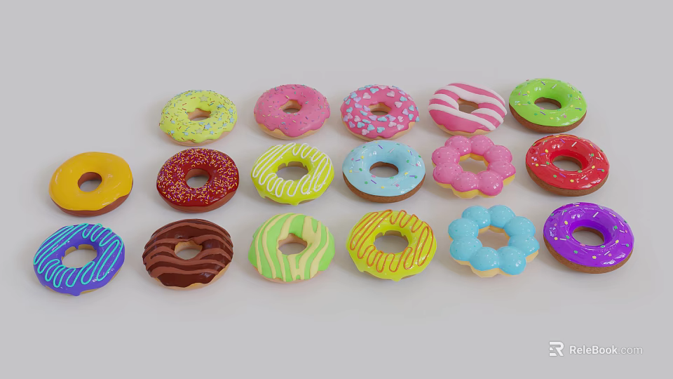 Colorful Assorted Donuts With Various Glazes Sprinkles And Colorful Toppings Displayed On White Background 3d model 