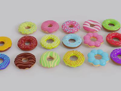 Colorful Assorted Donuts With Various Glazes Sprinkles And Colorful Toppings Displayed On White Background 3d model
