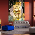Modern Sofa Set With Blue Ottoman Gray Armchair And Abstract Painting In Living Room