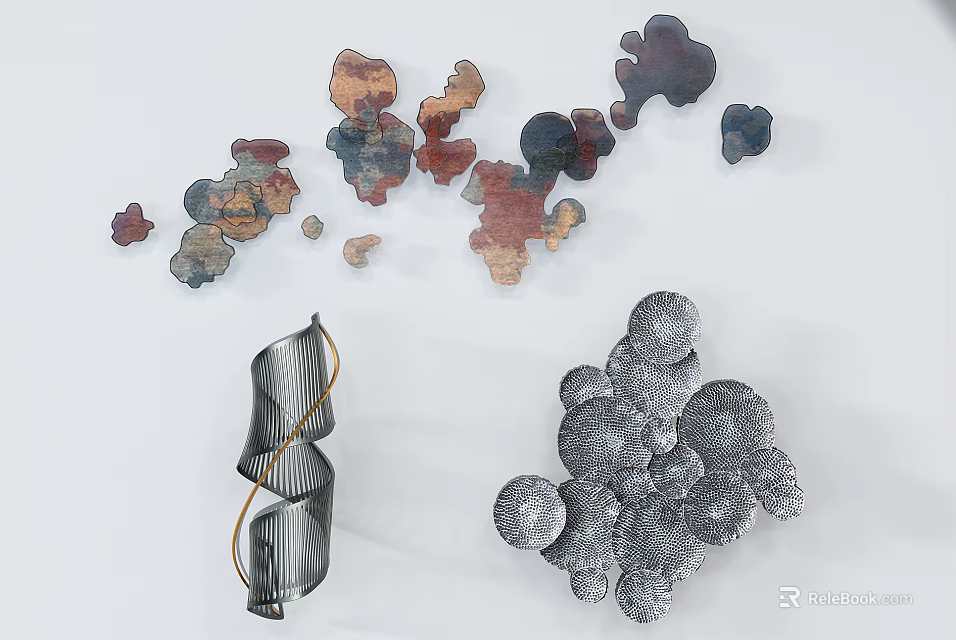 Modern Creative Wall Decor with Metallic Abstract Shapes and Spiral Designs 3d model 