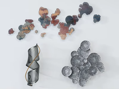 Modern Creative Wall Decor with Metallic Abstract Shapes and Spiral Designs 3d model