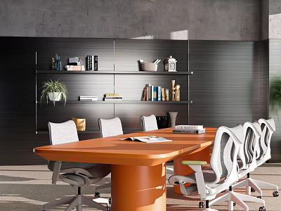 Modern Conference Room Interior Design With Orange Table White Chairs And Black Wall Shelves 3d model