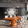Modern Conference Room Interior Design With Orange Table White Chairs And Black Wall Shelves