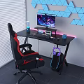 Gaming Computer Setup with Ergonomic Gaming Chair RGB Lighting Monitor and Blue Geometric Wall Decor