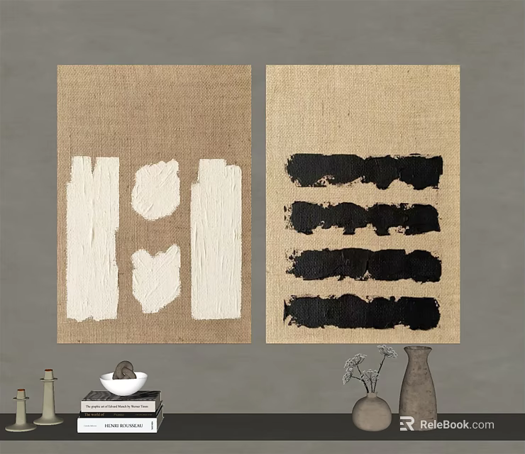 Modern Abstract Wall Art with Beige Background White Black Brushstrokes Two Panel Set 3d model