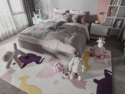 Cozy Children's Bed With Gray Comforter Pink Gray Pillows Colorful Animal Rug And Stuffed Toys 3d model