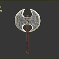 Double Headed Axe Weapon with Silver Blades Intricate Patterns and Wooden Handle