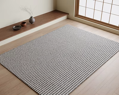 Square Black and White Striped Woven Rug on Wooden Floor with Natural Light 3d model