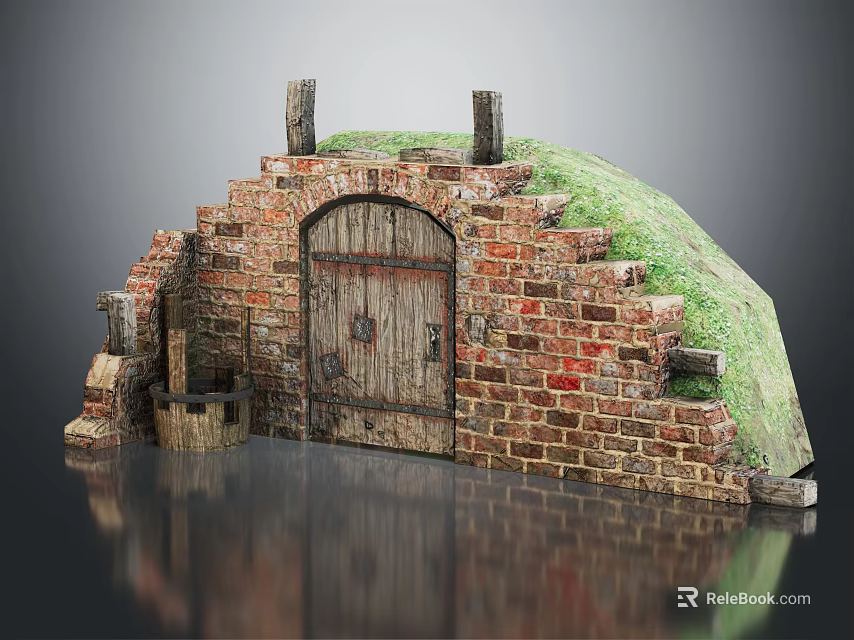 Vintage Brick Arch Structure With Wooden Door Grass Covered Top And Stone Steps 3d model 