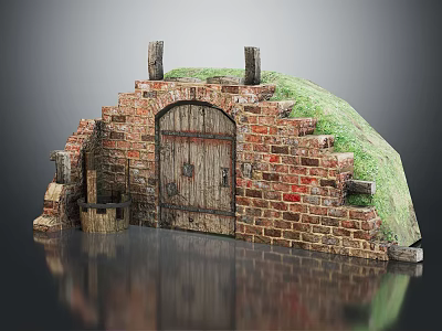 Vintage Brick Arch Structure With Wooden Door Grass Covered Top And Stone Steps 3d model