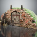 Vintage Brick Arch Structure With Wooden Door Grass Covered Top And Stone Steps