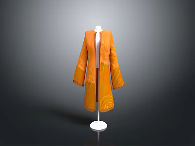Stylish Orange Long Coat Displayed On White Mannequin With Grey Black Gradient Background 3d model