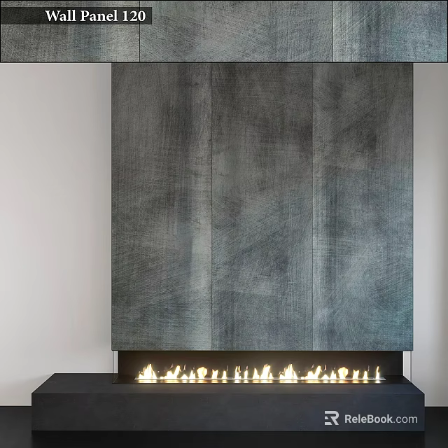 Modern Fireplace With Dark Textured Surface And Burning Flames In Interior Design 3d model