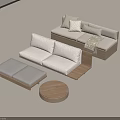 Modern Sofa Set With Wooden Frame White Cushions Gray Ottoman And Round Coffee Table