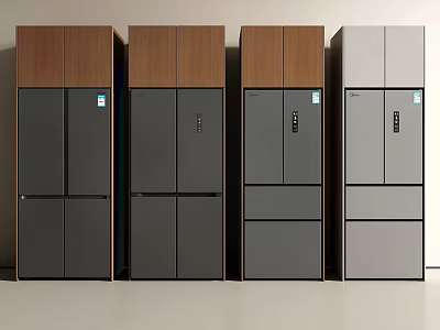 Modern Refrigerators and Freezers Featuring Wooden Metal Panels Various Colors Displayed Side by Side 3d model