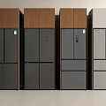 Modern Refrigerators and Freezers Featuring Wooden Metal Panels Various Colors Displayed Side by Side
