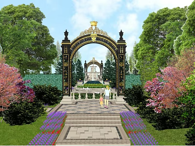 Ornate Archway Garden Landscape with Golden Accents Fountain Lush Trees and Colorful Flowers 3d model