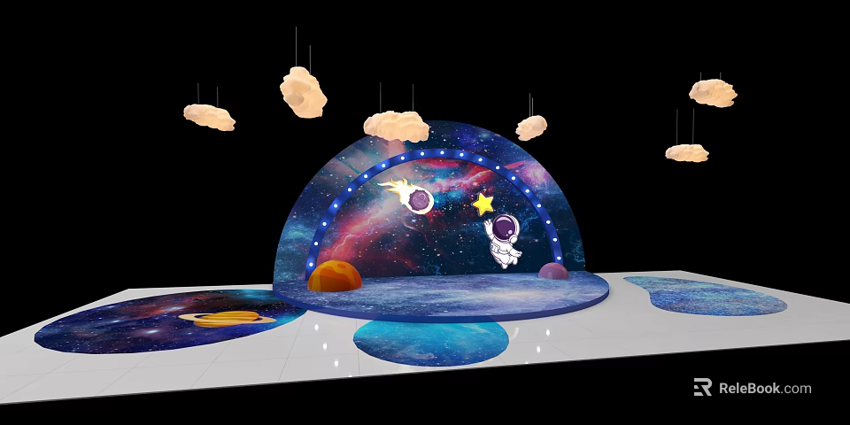 Starry Sky Themed Display Area With Astronaut Planets And Cloud Decorations 3d model 