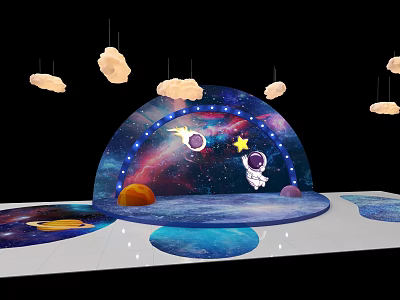 Starry Sky Themed Display Area With Astronaut Planets And Cloud Decorations 3d model