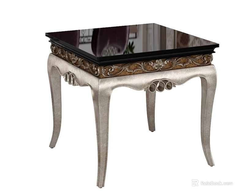 Elegant Corner Table With Black Glass Top And Silver Carved Legs 3d model 