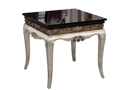 Elegant Corner Table With Black Glass Top And Silver Carved Legs 3d model