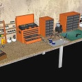 Functional Home Office Desk With Orange Drawer Cabinets Computer Monitor And Stone Worktop