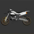 Modern Off Road Motorcycle With White Silver Body Black Seat And Muddy Tires