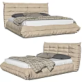 Modern Light Colored Double Bed With Padded Headboard Plaid Blanket And Soft Pillows 3d model