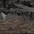 Cave Interior Scene With Rocky Overhang Rock Walls And Stone Floor Debris