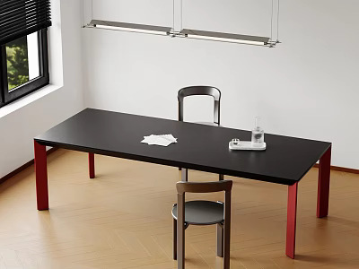 Stylish Table And Chair Combination With Black Top Red Legs Wooden Floor And Window Blinds 3d model