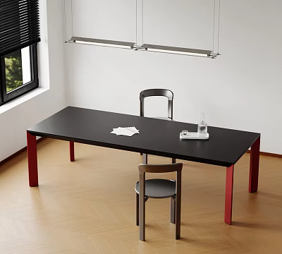 Stylish Table And Chair Combination With Black Top Red Legs Wooden Floor And Window Blinds 3d model
