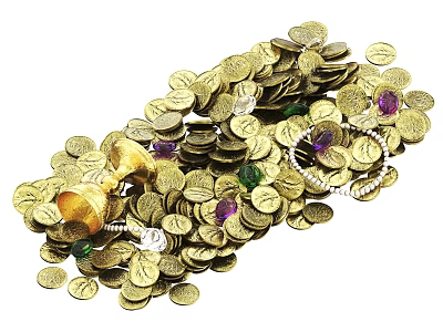 Pile of Shiny Gold Coins With Colorful Gemstones And Golden Cup 3d model