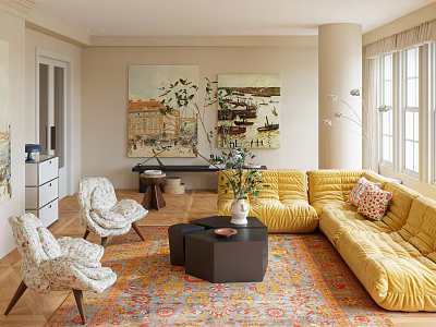 Bright Living Room With Yellow Sofa Patterned Chairs Black Coffee Table Colorful Rug And Paintings 3d model