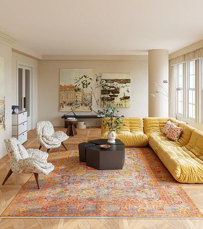 Bright Living Room With Yellow Sofa Patterned Chairs Black Coffee Table Colorful Rug And Paintings 3d model