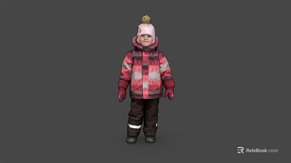 Woman In Red And Gray Plaid Coat With Pink Pom Pom Hat And Brown Pants 3d model 