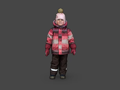 Woman In Red And Gray Plaid Coat With Pink Pom Pom Hat And Brown Pants 3d model