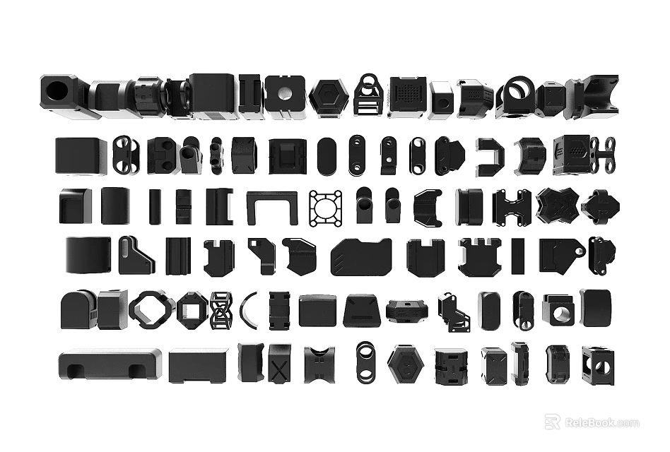Assorted Black Mechanical Parts And Various Industrial Hardware Components Collection 3d model 