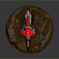 Game Movie Character in Red Outfit Riding Motocross Bike on Muddy Terrain