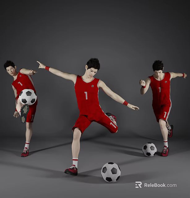Three Men in Red Sports Uniforms with Number 1 Playing Football and Kicking Balls 3d model 