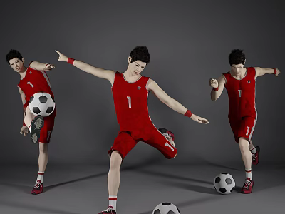 Three Men in Red Sports Uniforms with Number 1 Playing Football and Kicking Balls 3d model