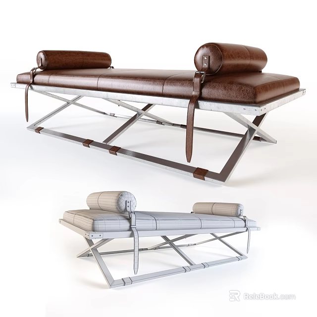 Modern Leather Footstool With Metal Frame Brown Gray Cushion Straps 3d model 