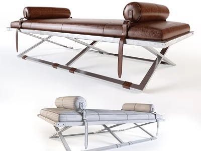 Modern Leather Footstool With Metal Frame Brown Gray Cushion Straps 3d model
